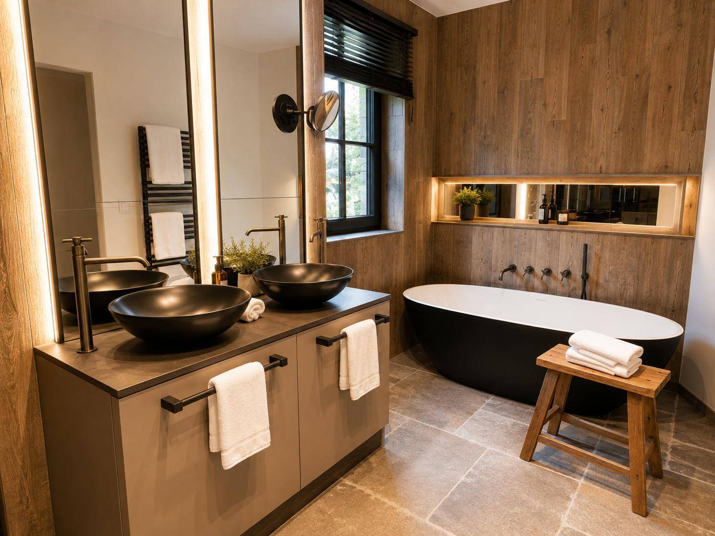 Modernes Badezimmer mit Doppelwaschbecken, freistehender Badewanne und Holzverkleidung.