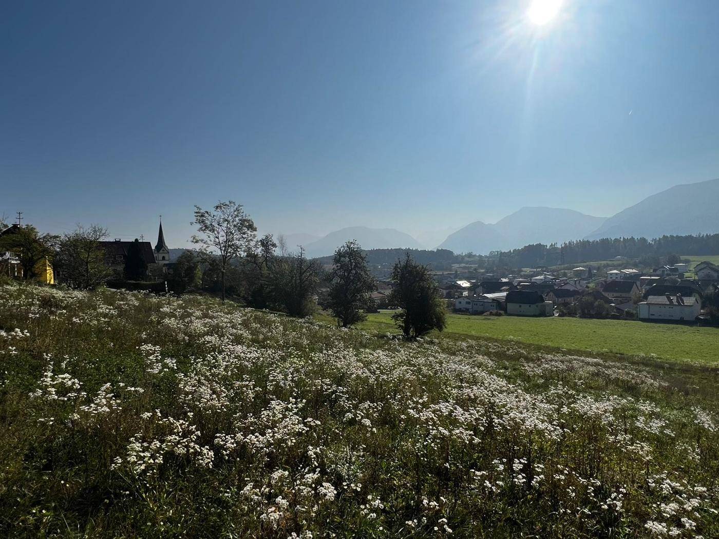 Malerische Landschaft mit blühenden Wiesen, einem Dorf mit Kirche und Bergen unter strahlendem Sonnenschein.