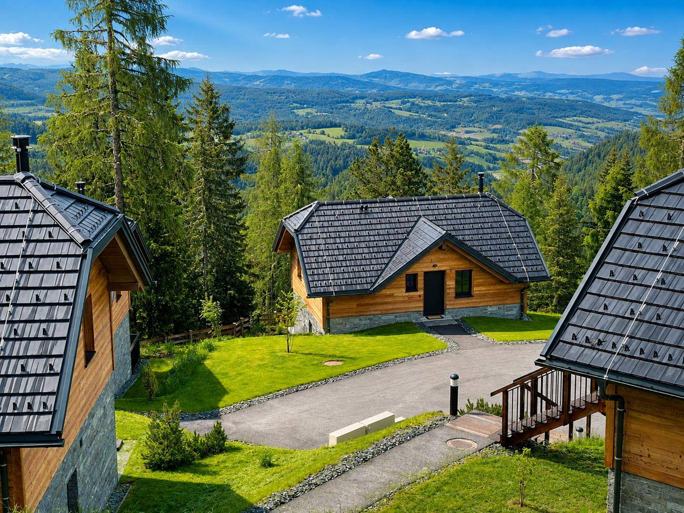 Eine Ansammlung von modernen Chalets mit dunklen Dächern, umgeben von Wäldern und Bergen.