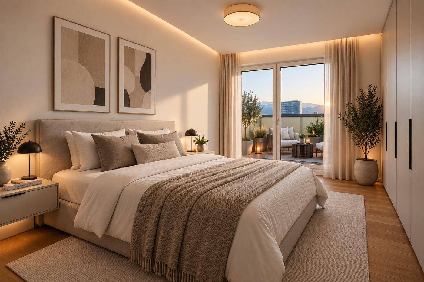Modernes Schlafzimmer mit Doppelbett, Holzboden und direktem Zugang zu einer möblierten Terrasse.