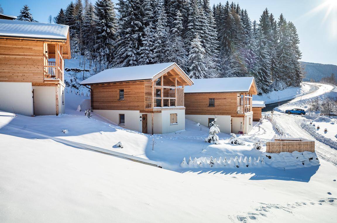 Moderne Holzchalets in einer verschneiten Winterlandschaft mit umliegenden Wäldern.