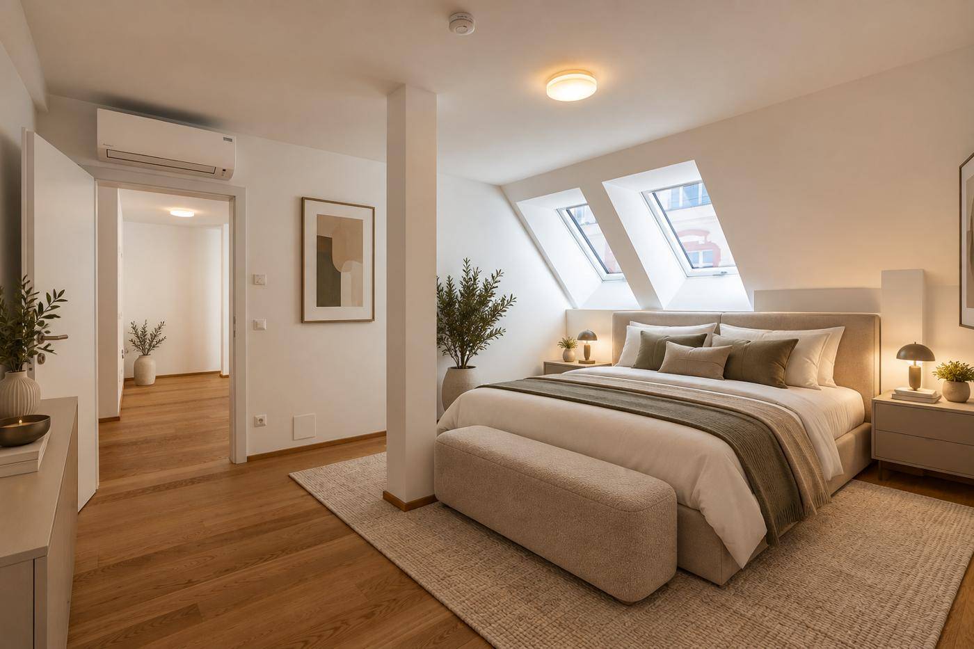 Modernes Schlafzimmer mit Doppelbett, Holzboden und Dachschrägenfenstern, hell und einladend.