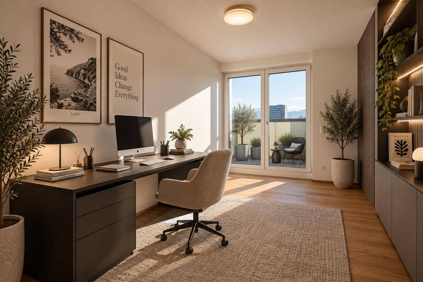 Modernes Arbeitszimmer mit Schreibtisch, Holzboden und Zugang zu einem Außenbereich.