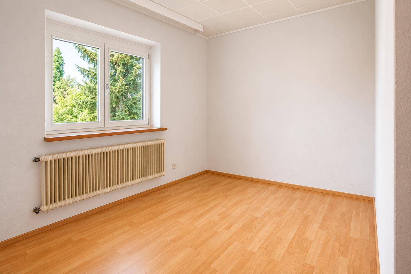 Leeres Zimmer mit hellem Laminatboden, großem Fenster und Heizkörper.