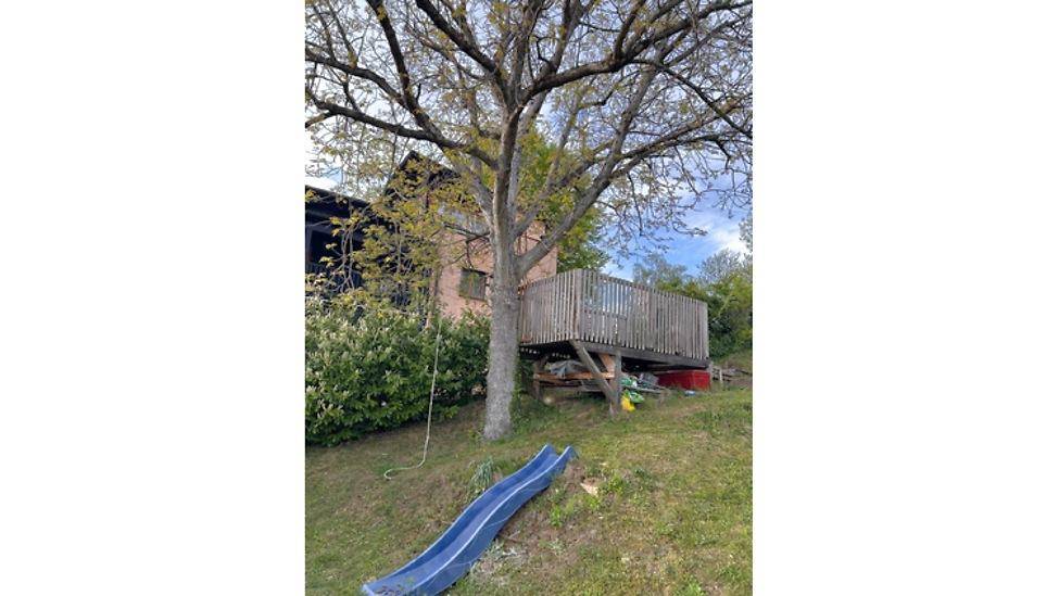 Großer Gartenbereich mit Baumhaus-Plattform, Rutsche und viel Grünfläche für Kinder.