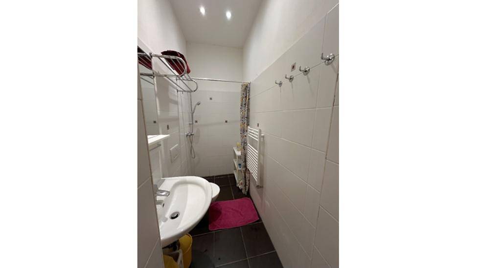 Badezimmer mit Dusche, Waschbecken, weißen Fliesen und beheiztem Handtuchhalter.
