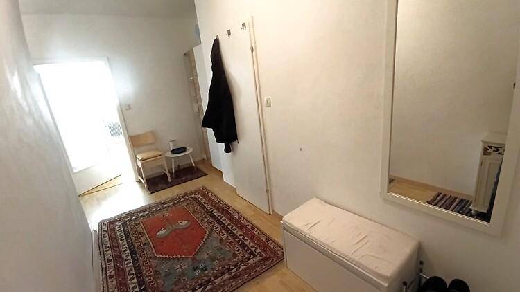Eingangsbereich mit Teppich, Spiegel und Garderobe, der zu weiteren Räumen führt.