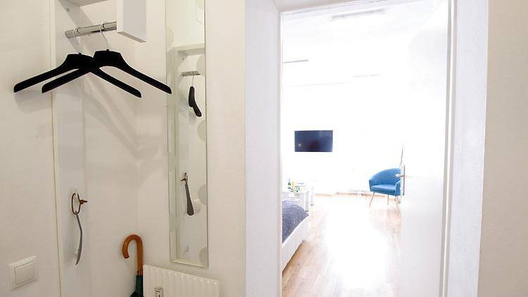 Heller Eingangsbereich mit Spiegel und Garderobe, der zum Wohnbereich führt.