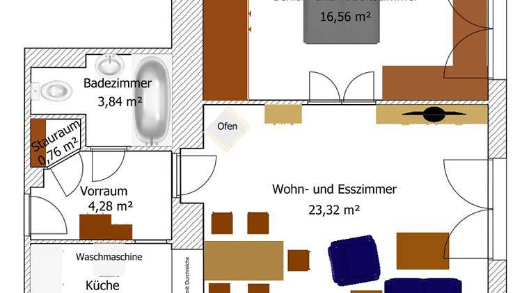 Detaillierter Grundriss der Wohnung mit Wohn- und Esszimmer, Schlafzimmer und Bad.