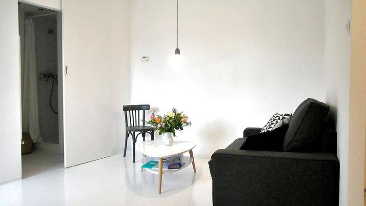 Helles Wohnzimmer mit Sofa und Schiebetür, die zu einem Badezimmer mit Dusche führt.