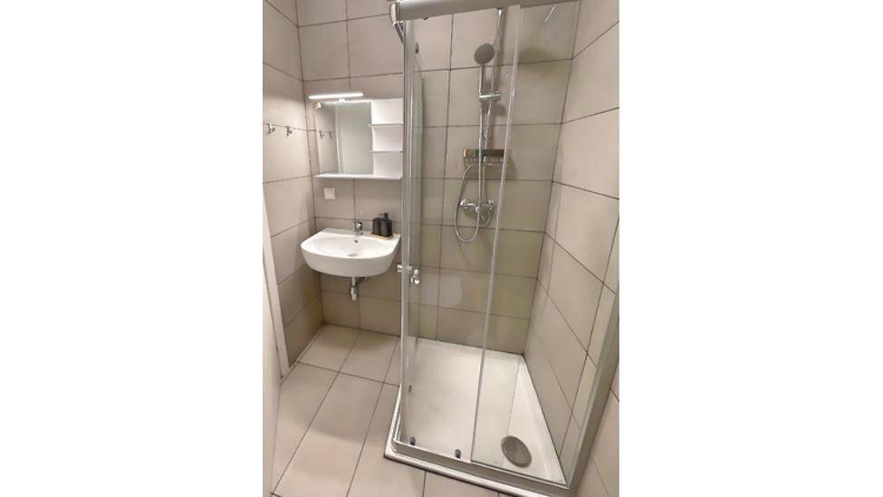 Helles Badezimmer mit Duschkabine, Waschbecken und Spiegelschrank.
