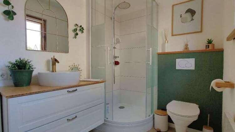Modernes Badezimmer mit Duschkabine, Aufsatzwaschbecken und grüner Akzentwand, hell und funktional.