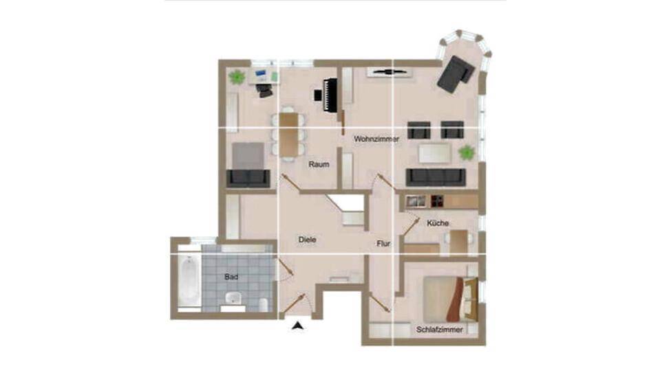 Detaillierter Grundriss einer Wohnung mit Wohnzimmer, Küche, Schlafzimmer und Bad.