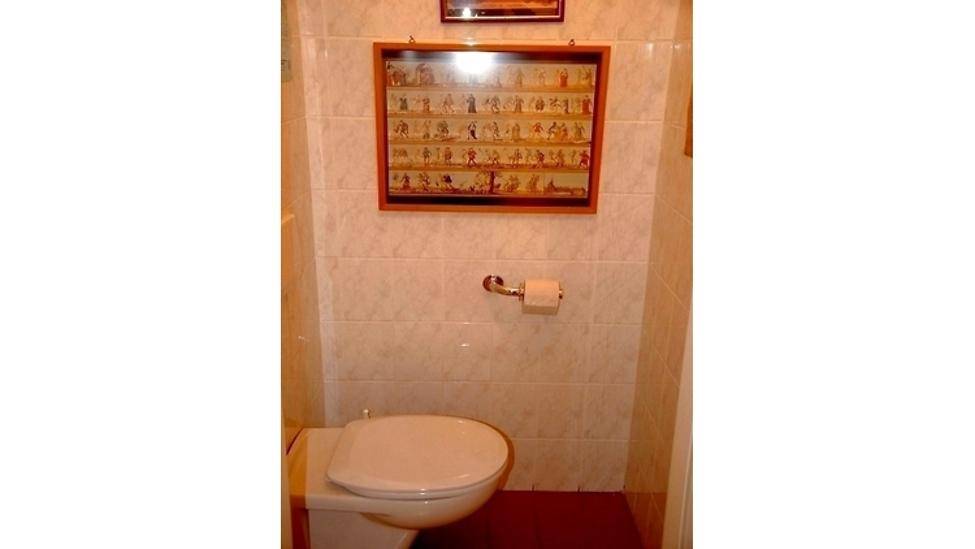 Separates WC mit Toilette und gefliesten Wänden.