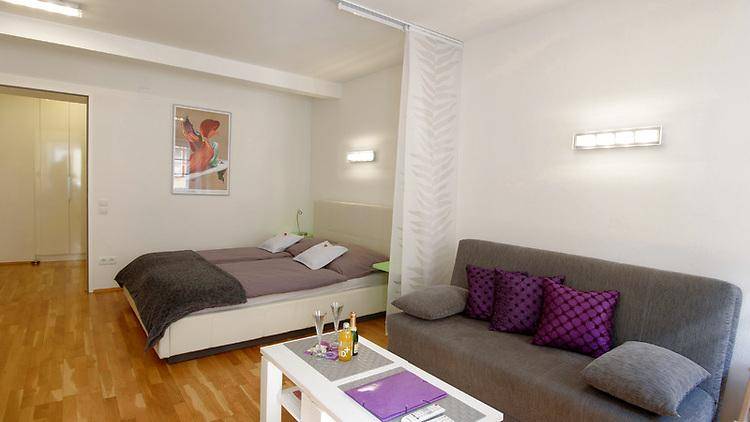 Gemütliches Studio-Apartment mit Schlafbereich, Sofa und moderner Einrichtung.