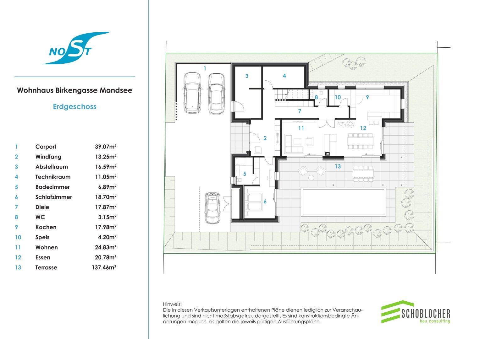 Grundriss des Erdgeschosses mit Carport, Wohnbereich, Küche und Terrasse mit Pool.