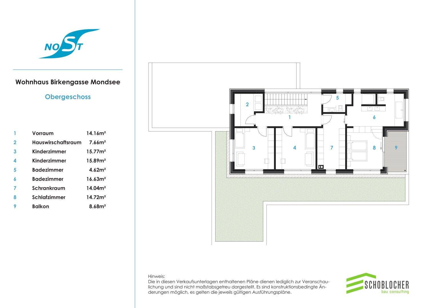 Grundriss des Obergeschosses mit Schlafzimmern, Bädern und Balkon.