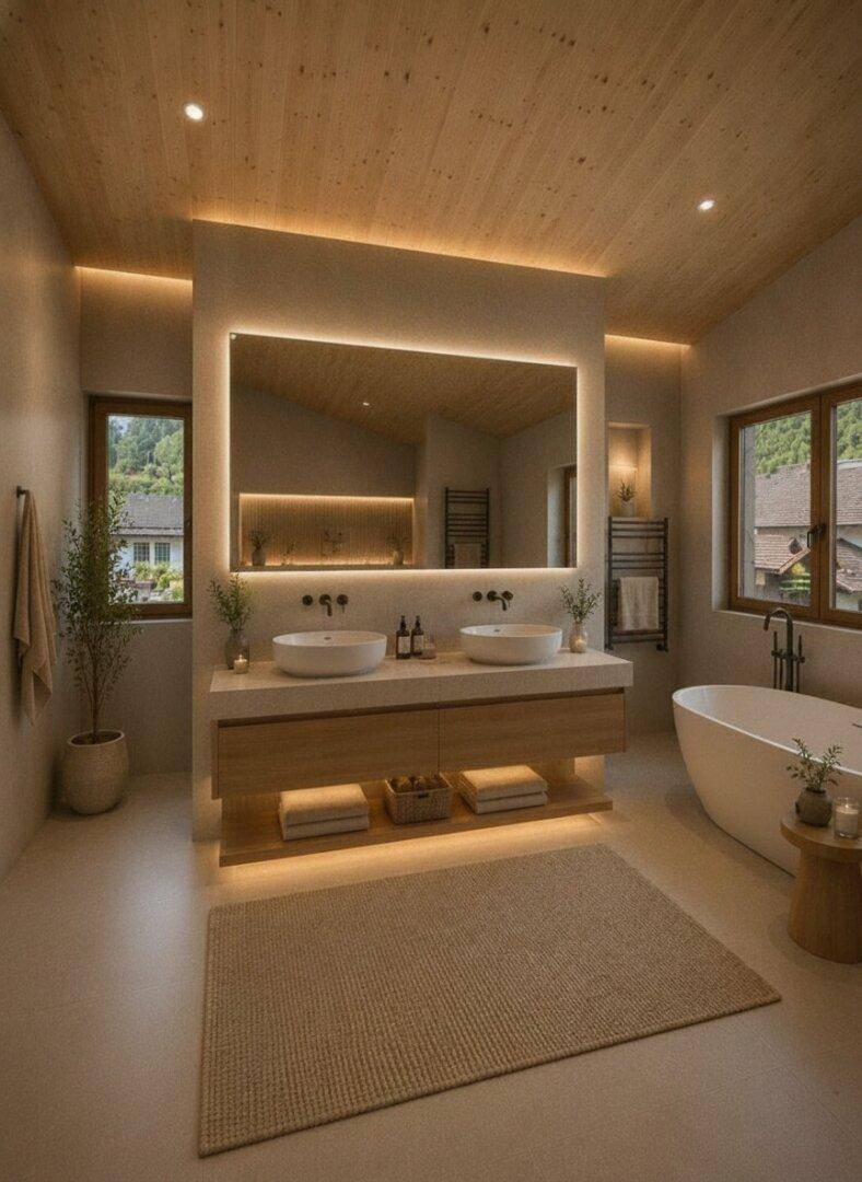 Modernes Badezimmer mit Doppelwaschbecken, freistehender Badewanne und indirekter Beleuchtung unter der Holzdecke.