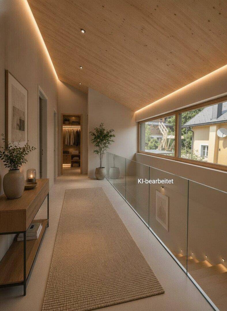 Heller Flur mit Holzdecke, Glasgeländer und Blick ins Grüne, der zu einem begehbaren Kleiderschrank führt.