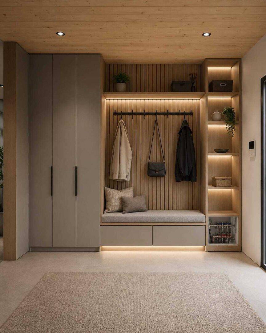 Eingangsbereich mit integrierter Garderobe, Sitzbank und indirekter Beleuchtung, die eine einladende Atmosphäre schafft.
