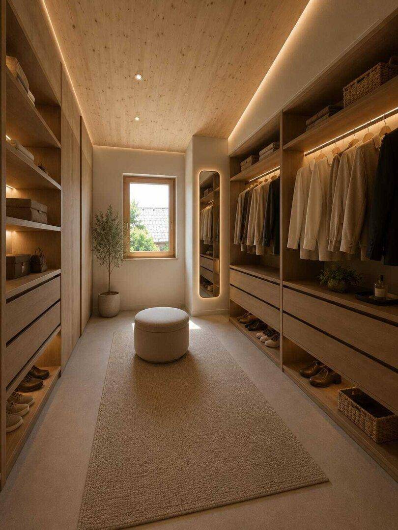 Geräumiger begehbarer Kleiderschrank mit Holzregalen und integrierter Beleuchtung.