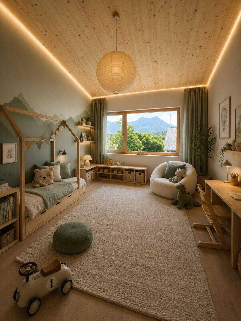 Helles Kinderzimmer mit Holzbett, Schreibtisch und Blick auf die Berge.