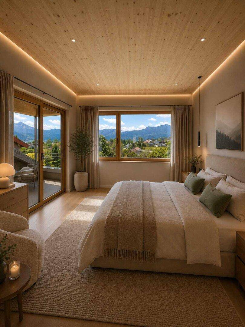 Helles Schlafzimmer mit Holzakzenten, Bergblick und Zugang zu einem Balkon.