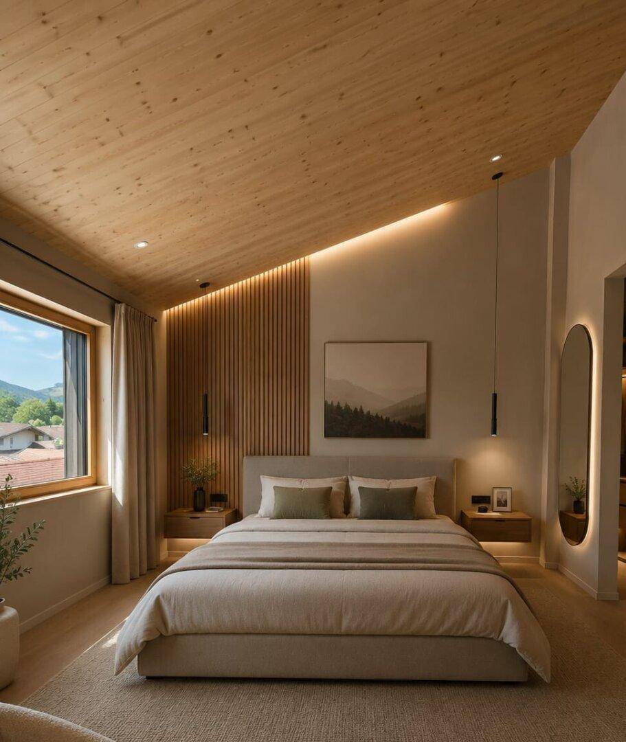 Modernes Schlafzimmer mit Holzwandverkleidung, Dachschräge und indirekter Beleuchtung.