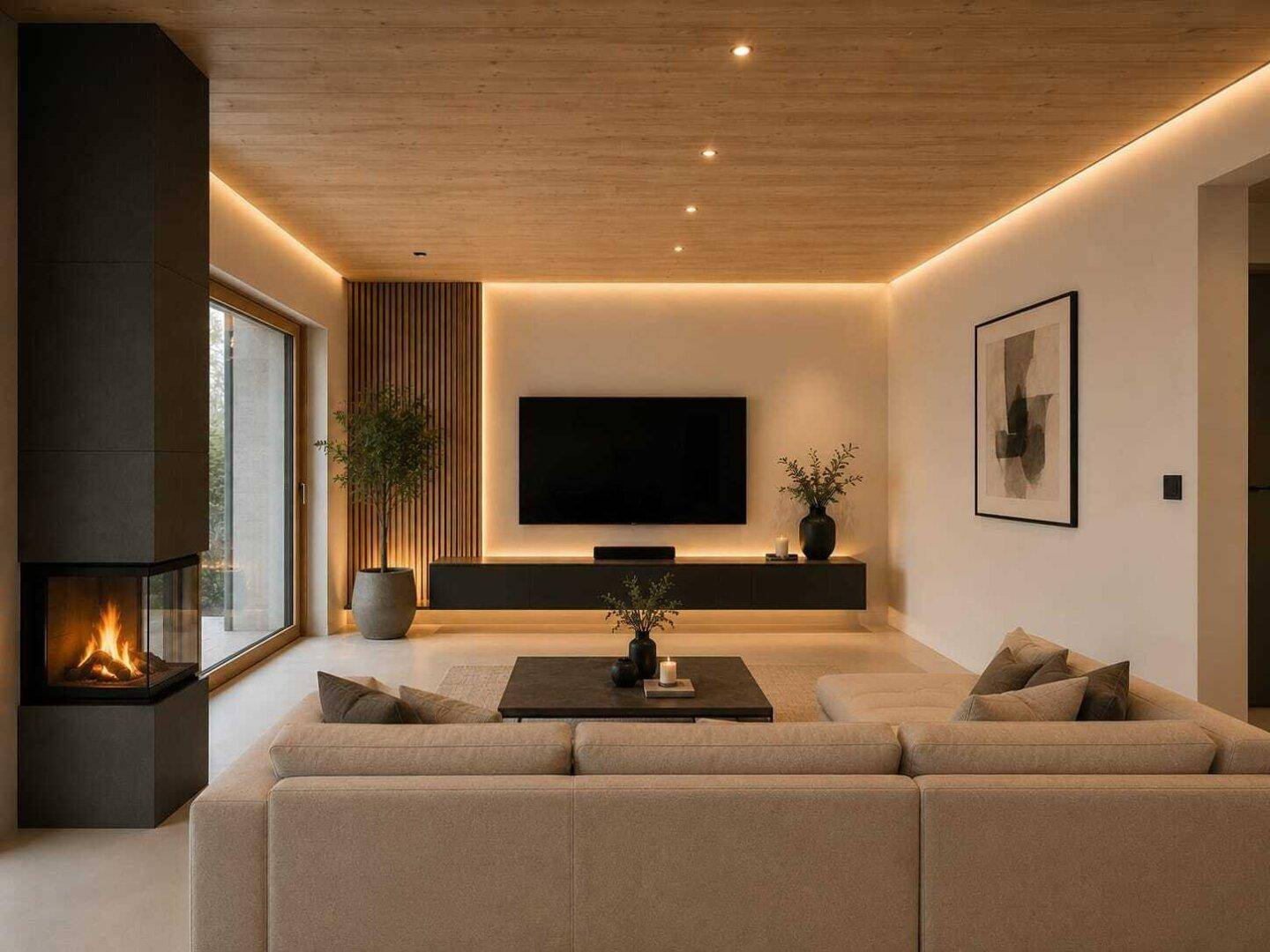 Stilvolles Wohnzimmer mit modernem Kamin, indirekter Beleuchtung und Holzakzenten für eine gemütliche Atmosphäre.