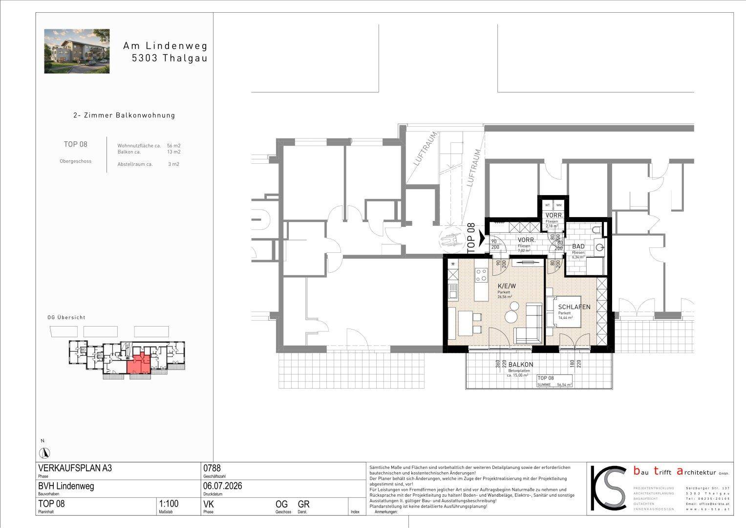 Grundriss einer 2-Zimmer-Balkonwohnung mit offenem Wohnbereich und separatem Schlafzimmer.