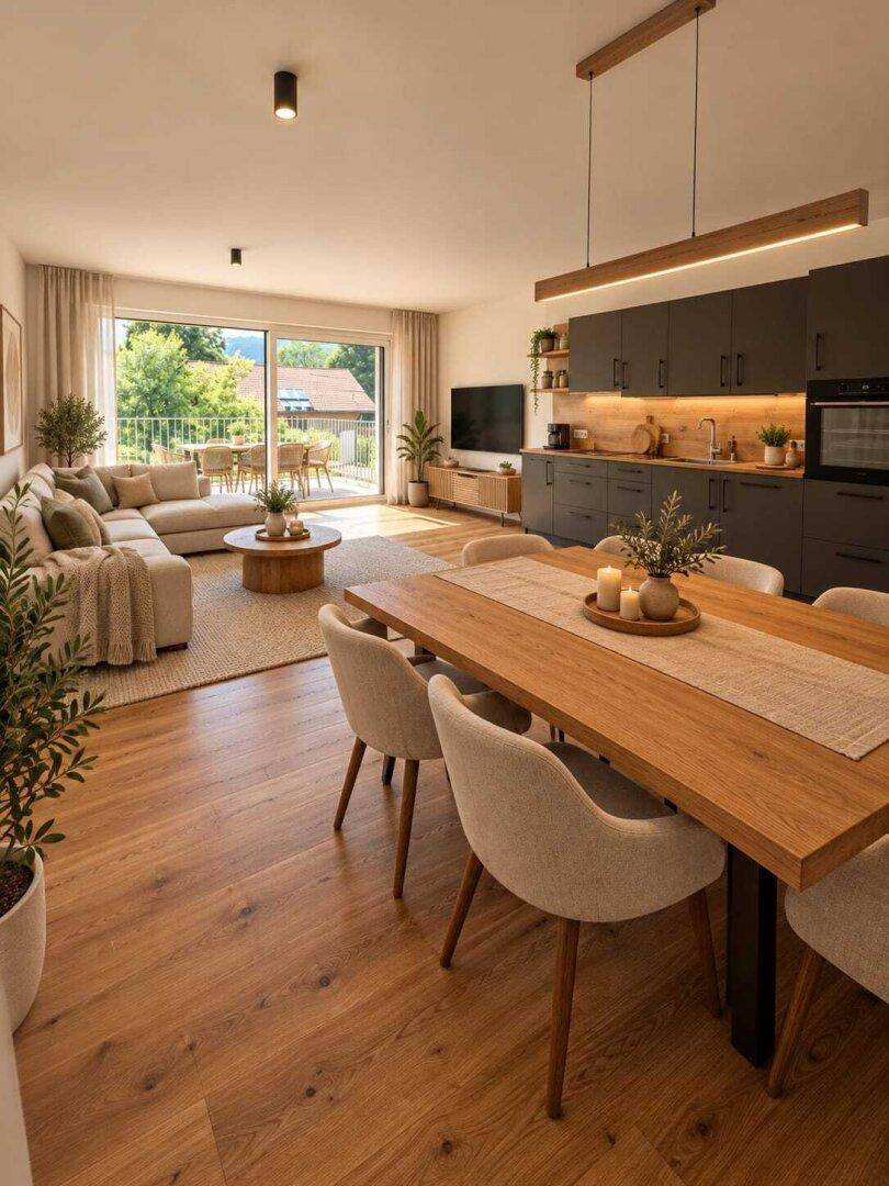 Offener Wohn-Essbereich mit moderner Küche, Holzboden und Zugang zum Balkon mit Bergblick.