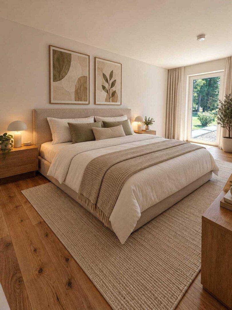Helles Schlafzimmer mit Holzboden, großem Bett und Zugang zu einem Gartenbereich.