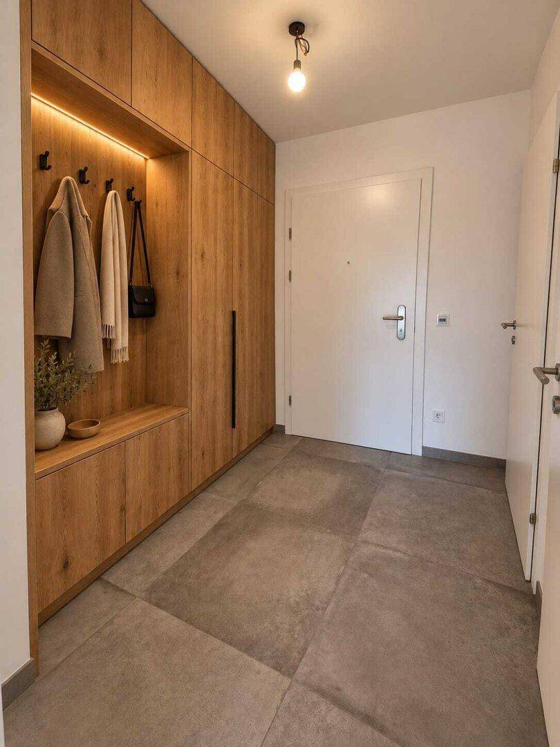 Moderner Eingangsbereich mit Einbauschränken aus Holz und Fliesenboden.