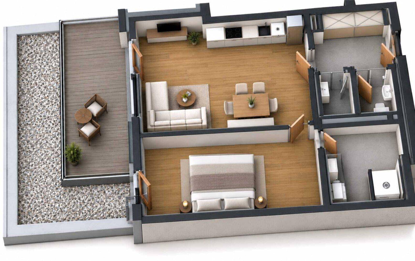 Dreidimensionaler Grundriss einer Wohnung mit offenem Wohnbereich und Terrasse.