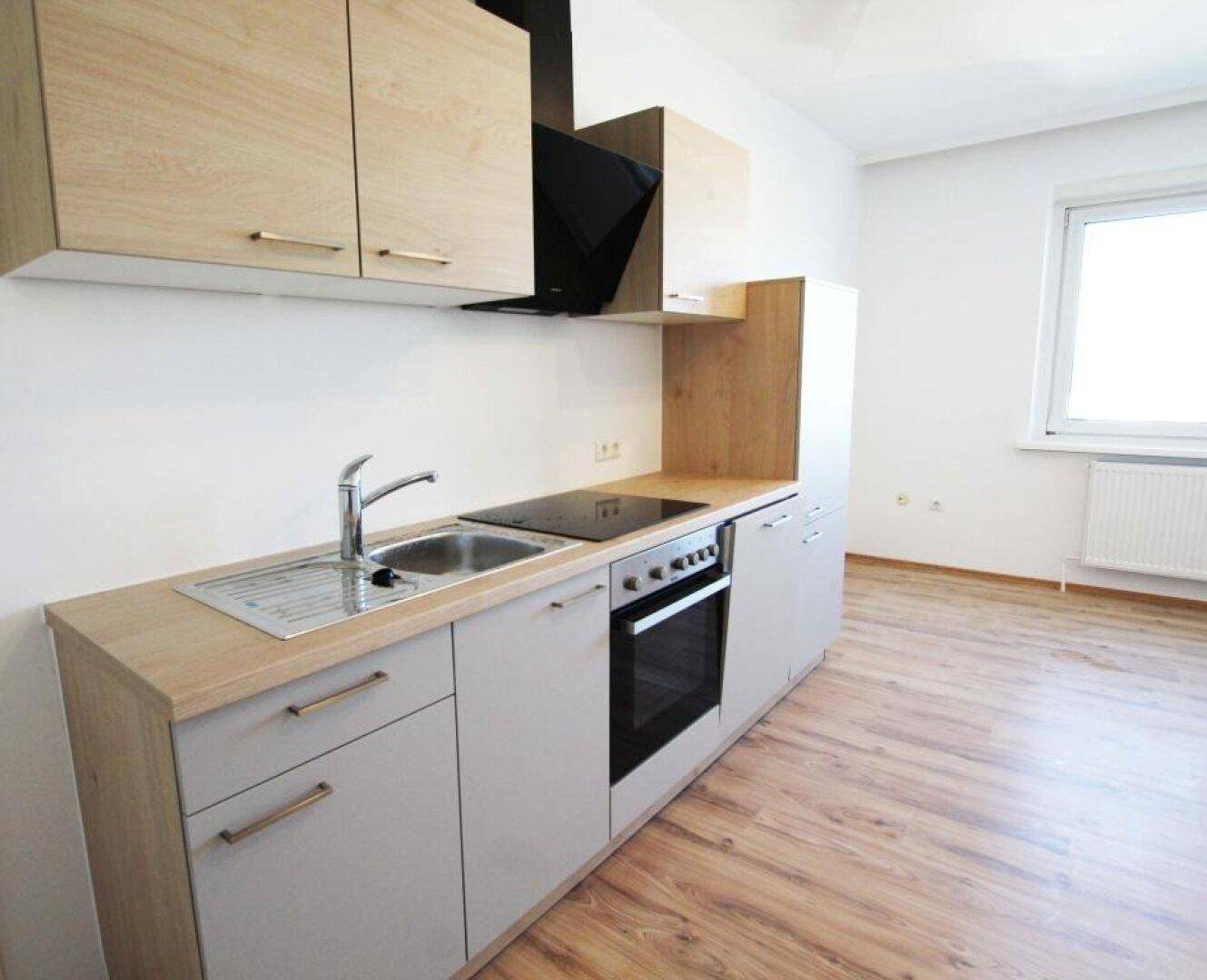 Detailansicht der modernen Küchenzeile mit Spüle, Kochfeld und Backofen in heller Holzoptik.
