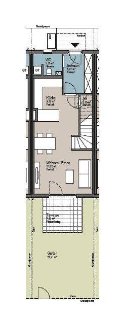Grundriss des Erdgeschosses mit offenem Wohn-/Essbereich, Küche und Garten.