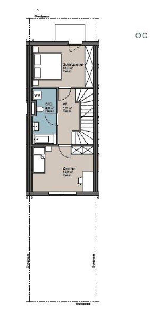 Grundriss des Obergeschosses mit Schlafzimmer, weiterem Zimmer und Badezimmer.