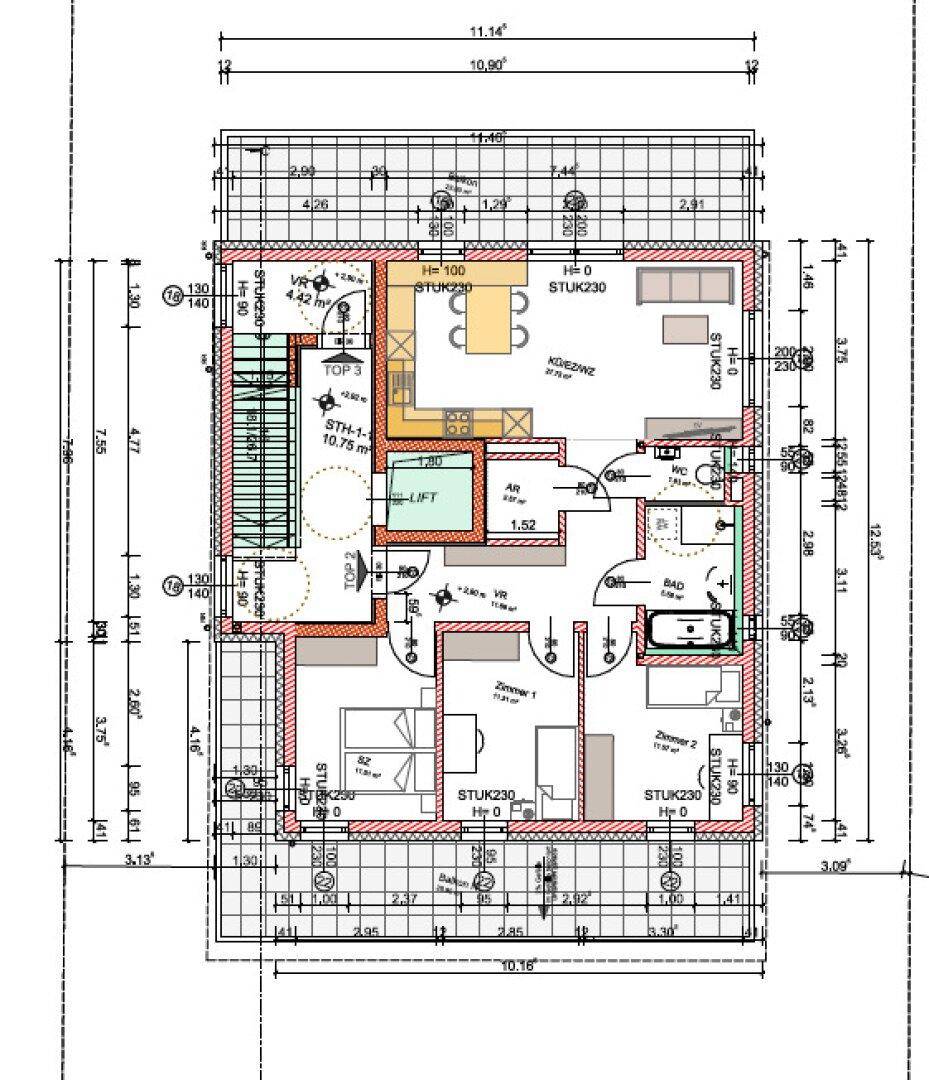 Grundriss einer Wohnung mit offenem Wohn-Essbereich, zwei Schlafzimmern, Bad und Balkon.