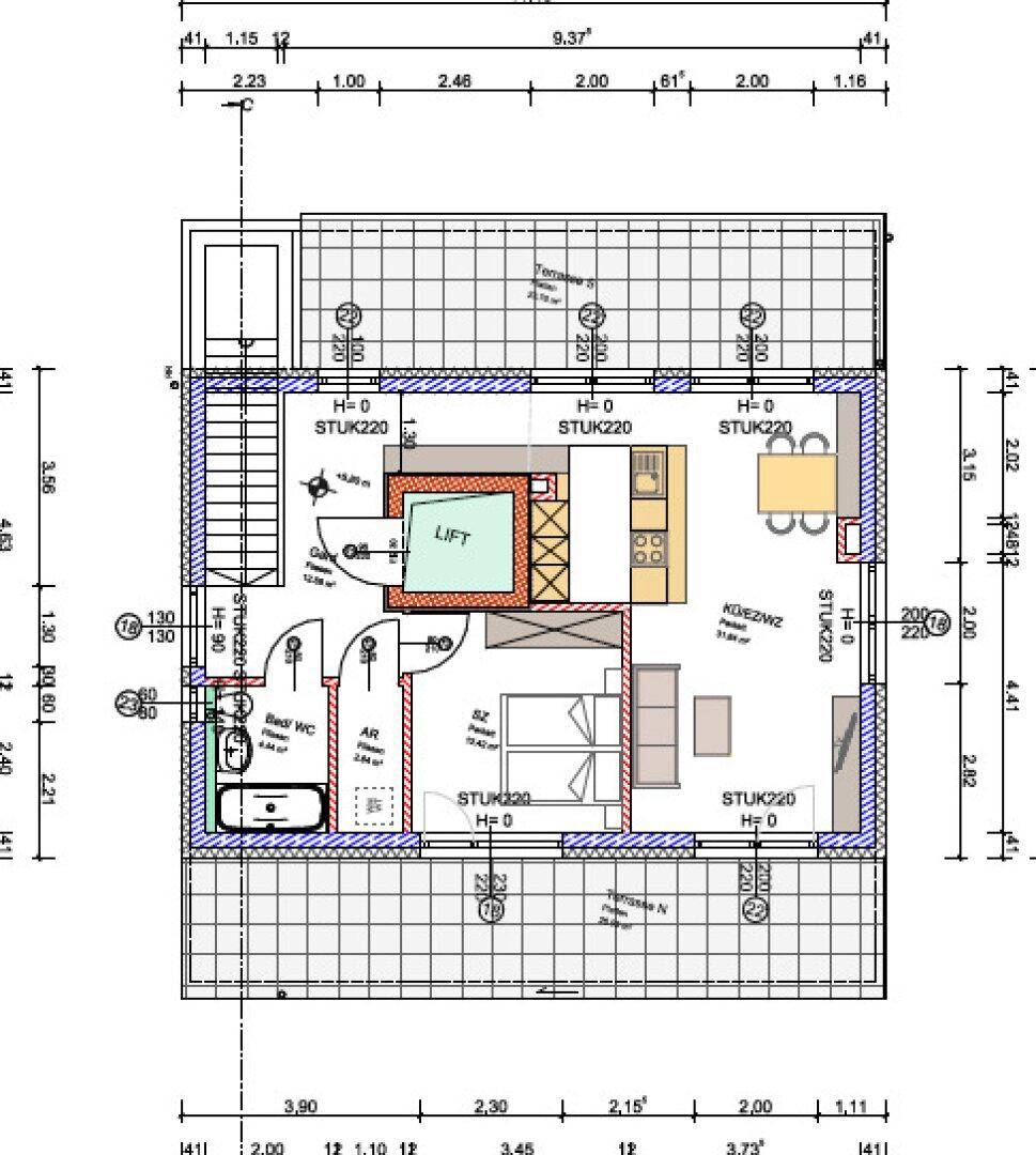 Grundriss einer Wohneinheit mit offenem Küchen- und Wohnbereich, Schlafzimmer und großer Terrasse.
