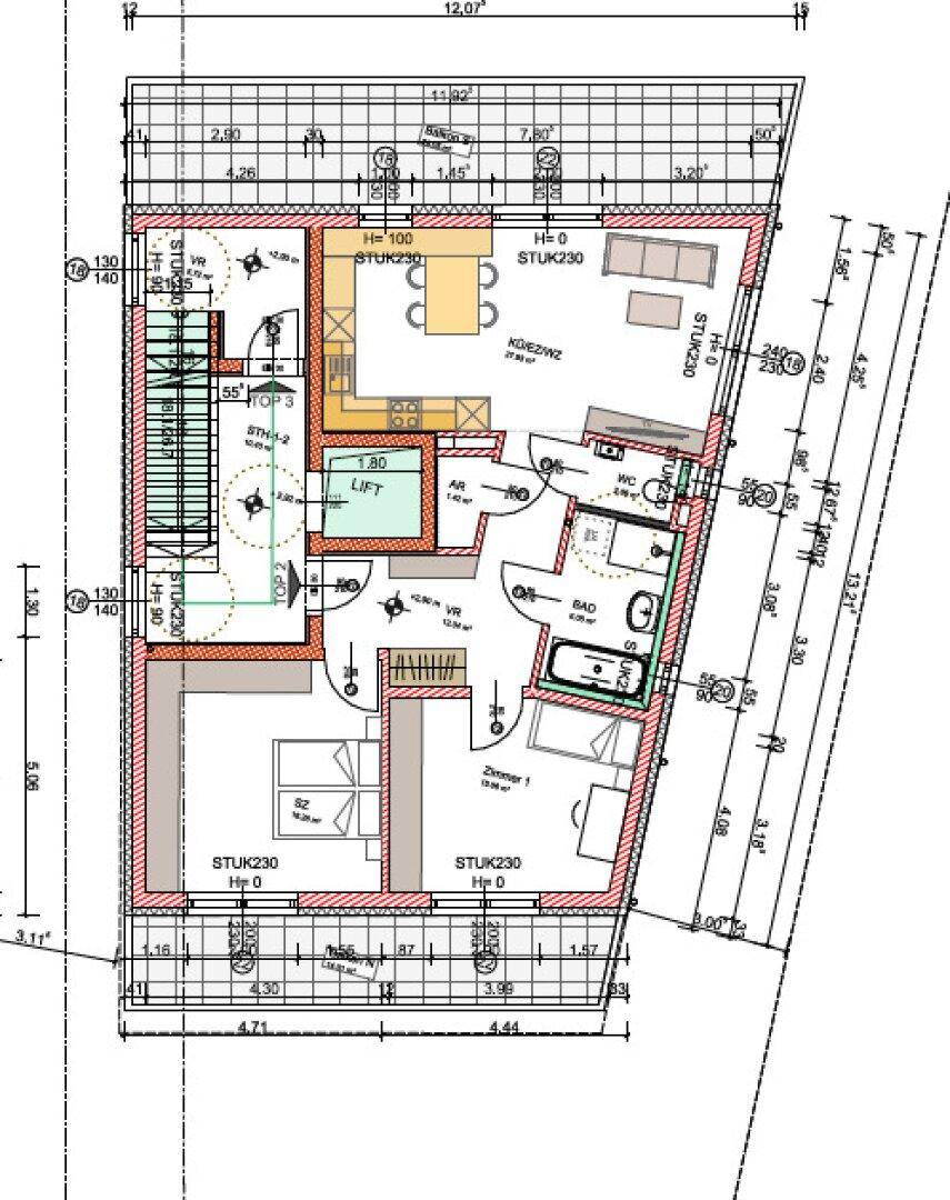 Grundriss einer Wohnung mit offenem Wohn-Essbereich, zwei Schlafzimmern, Bad und Balkon.