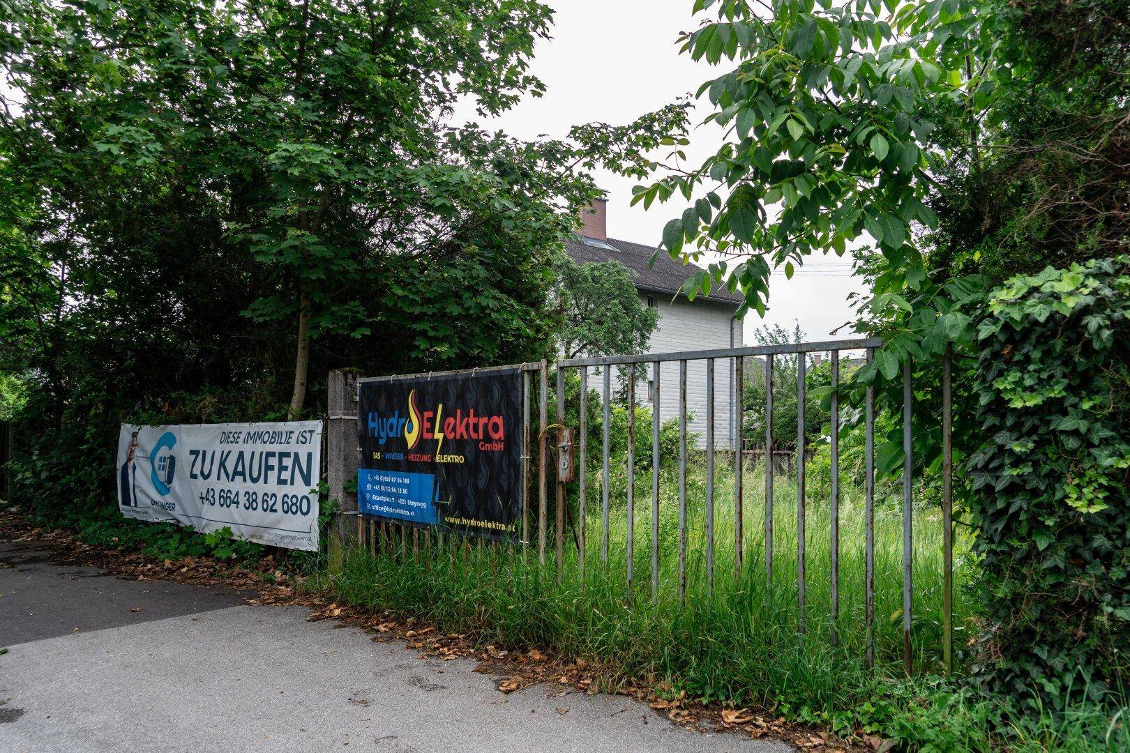 Eingangsbereich eines Grundstücks mit Metallzaun und zwei Verkaufsschildern, dahinter viel Grün.