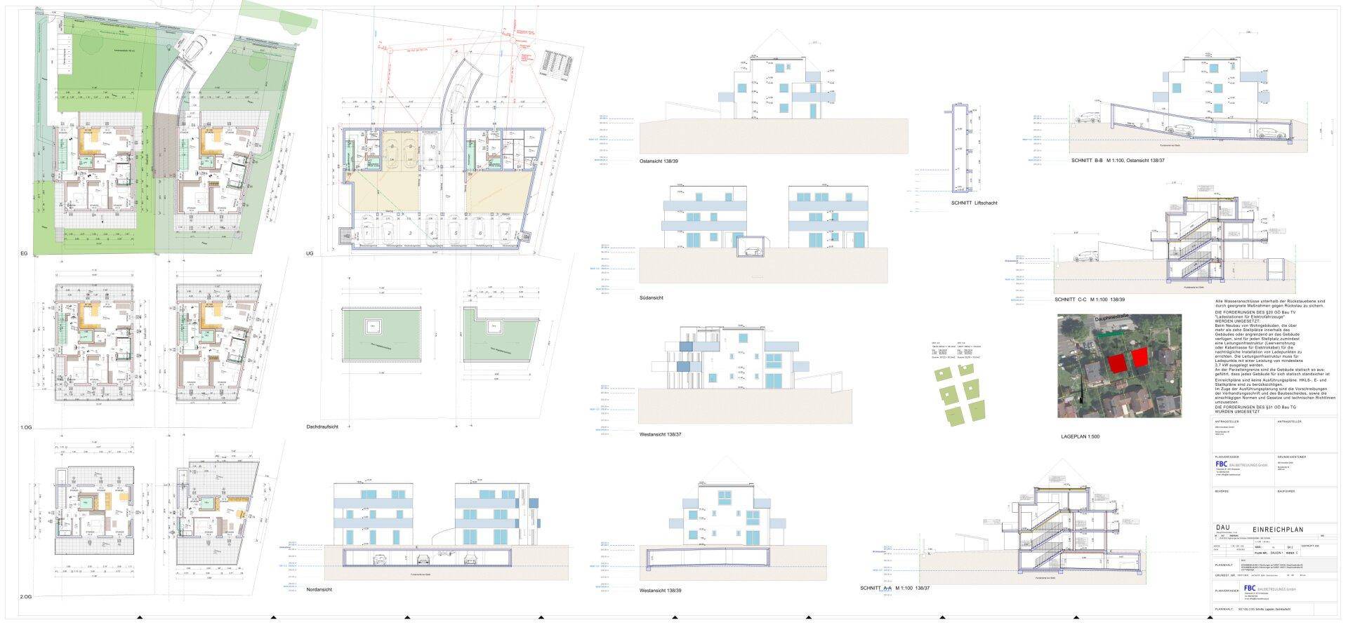 Umfassender Bauplan mit verschiedenen Grundrissen, Ansichten und einem Lageplan des Grundstücks.