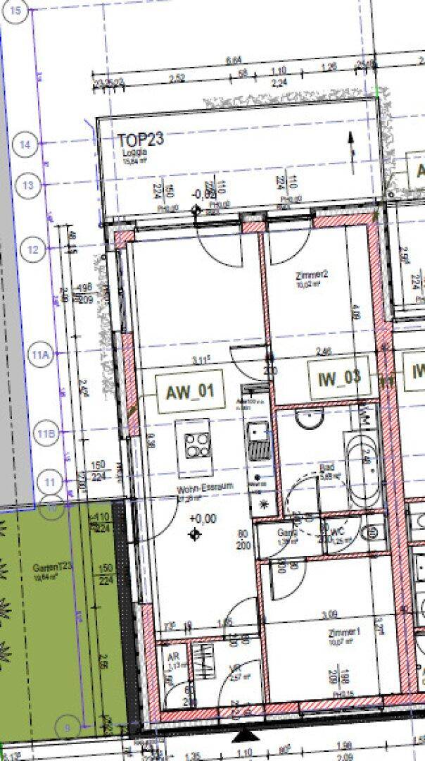 Detaillierter Grundriss einer Wohnung mit Wohn-Essraum, zwei Zimmern und Loggia.