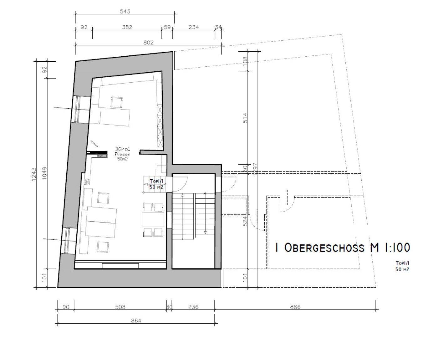 Grundriss des Obergeschosses mit Büroräumen und Treppenhaus, Gesamtfläche 50 m².