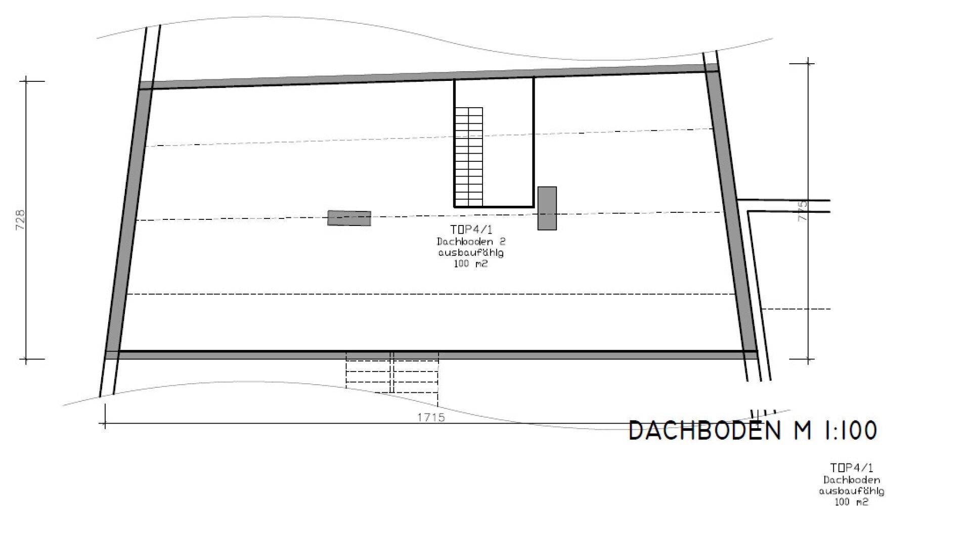 Grundriss des Dachbodens mit Ausbaupotenzial und Treppenzugang.