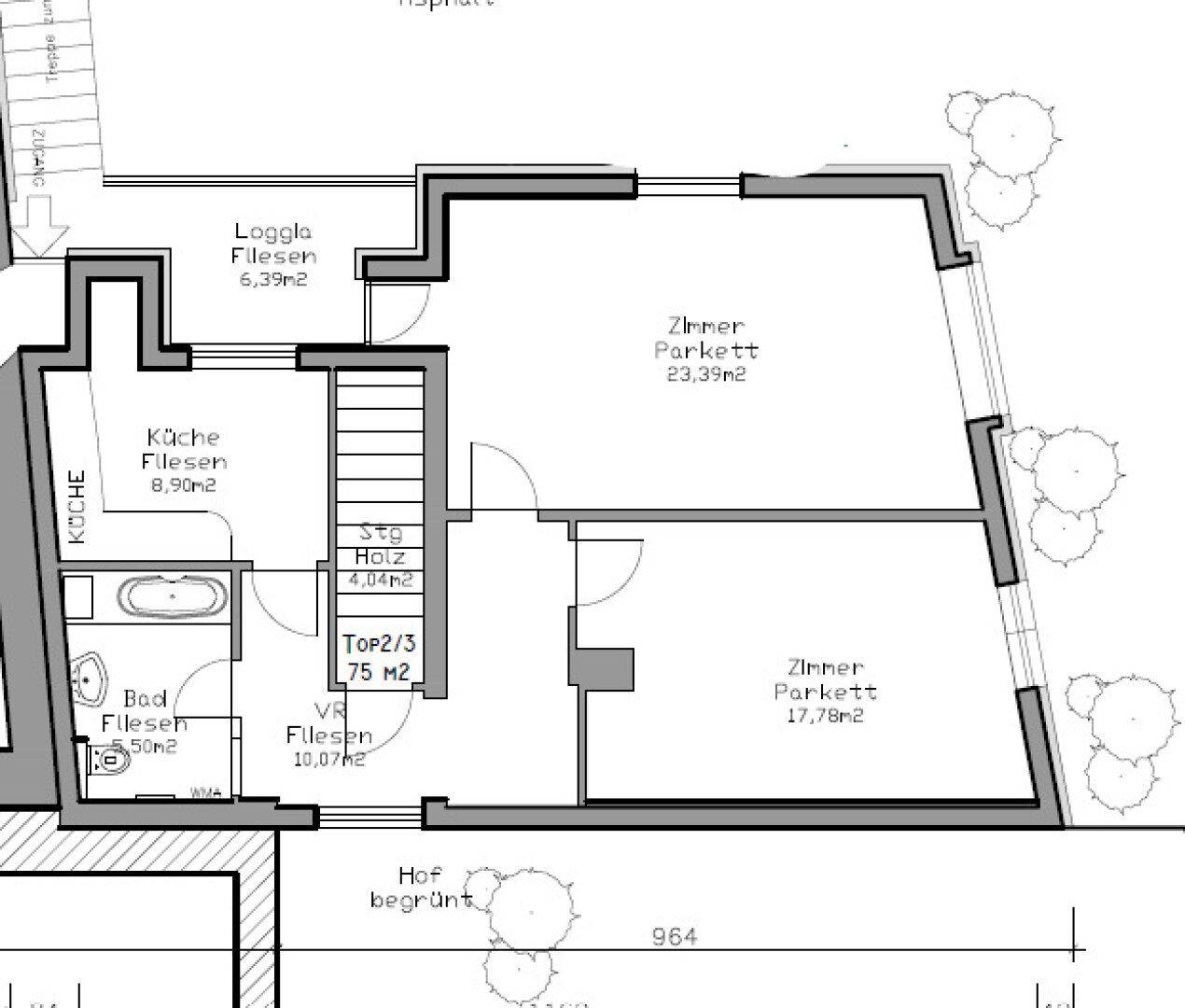 Grundriss des Erdgeschosses mit Küche, Bad, Loggia und zwei Zimmern, Gesamtfläche 75 m².