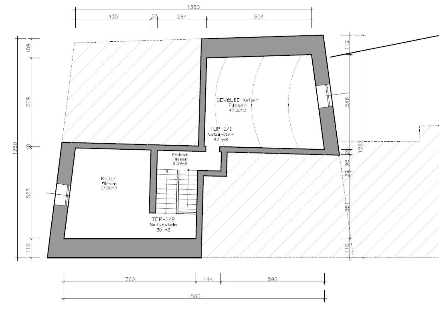 Grundriss des Kellergeschosses mit zwei Kellerräumen und Treppenaufgang, Gesamtfläche 47 m².