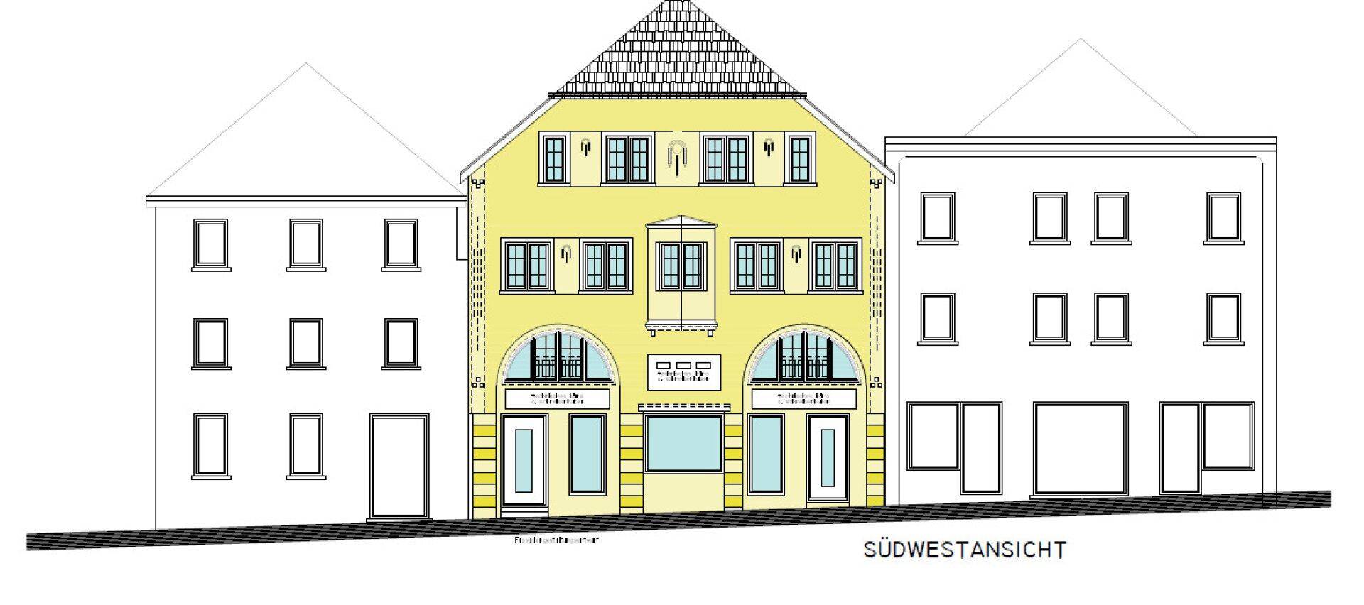 Südwestansicht eines historischen Gebäudes mit mehreren Etagen und Geschäften im Erdgeschoss.