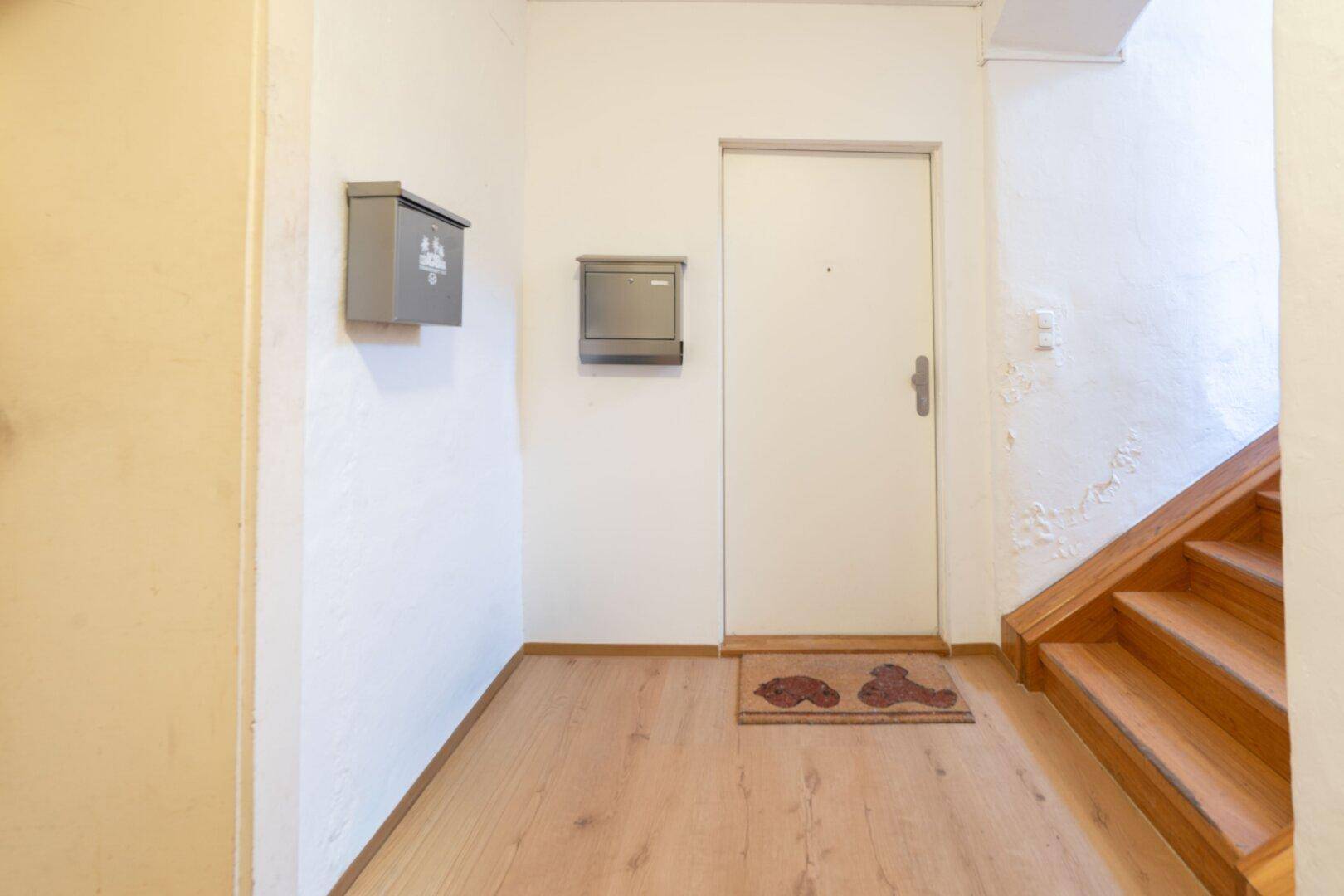 Eingangsbereich mit Holzlaminatboden, weißer Tür und zwei Briefkästen an der Wand.