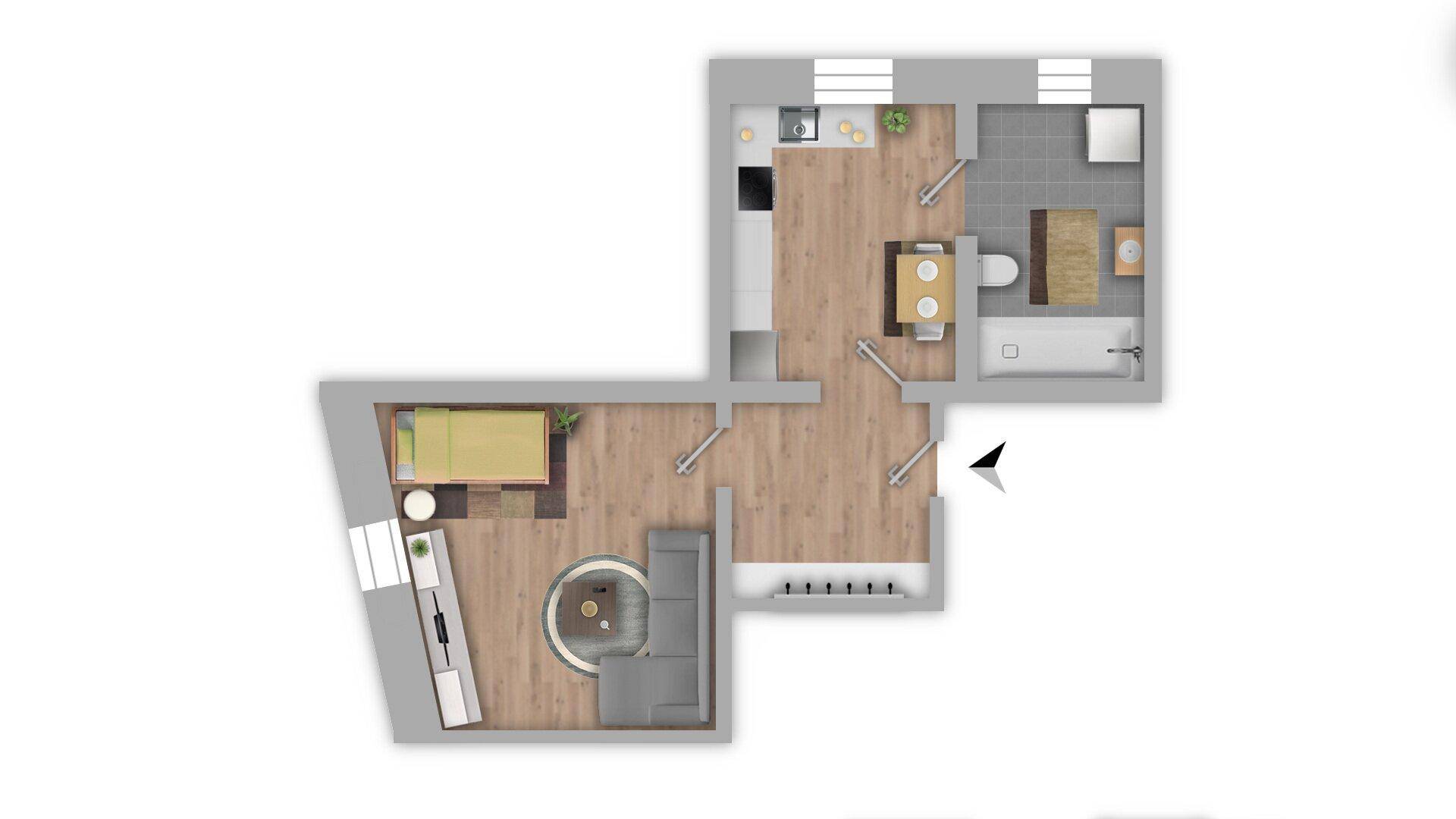 Grundriss einer kleinen Wohnung mit Schlafzimmer, Wohnbereich, Küche und Bad.